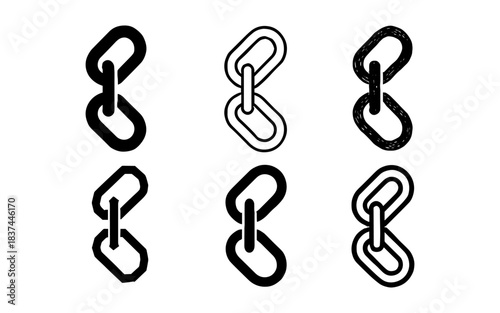 Diverse styles of chain links: solid, outline, sketch variations on white background