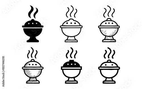 Set of six hand-drawn incense burner icons with smoke in black and white styles