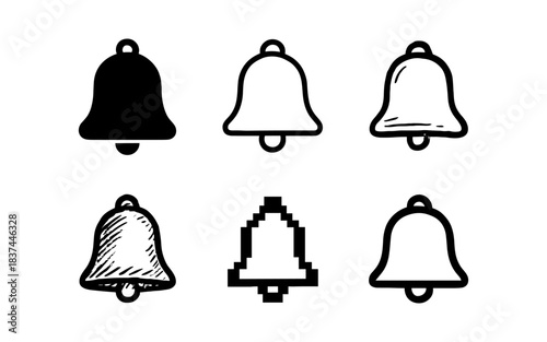 Variety of bell icons: pixel art, line art, and solid styles