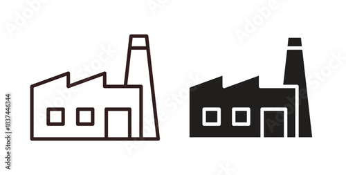 Factory icons design is in black and white, line stock illustration