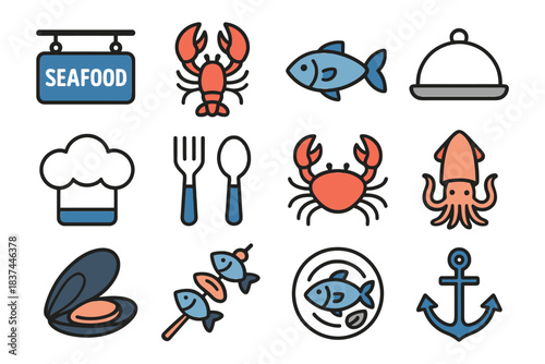 Seafood icons set: lobster, fish, clam, squid, anchor, chef hat, cutlery.