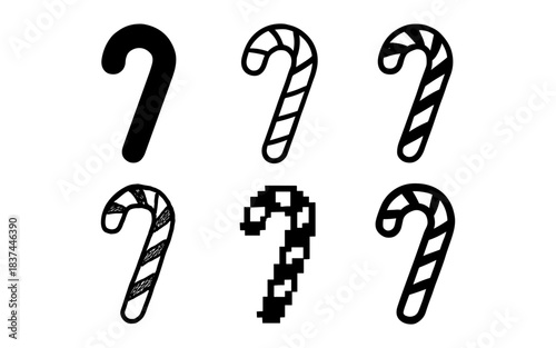 Various candy cane designs: pixelated, modern, and classic black and white styles