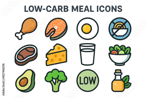 Diverse low-carb meal icons featuring food and nutrition symbols.