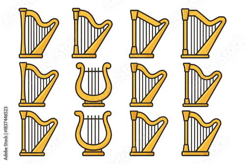 Set of twelve golden harp and lyre icons in various designs.