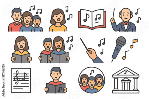 Colorful choir illustrations: singing, conducting, music symbols, and concert themes.