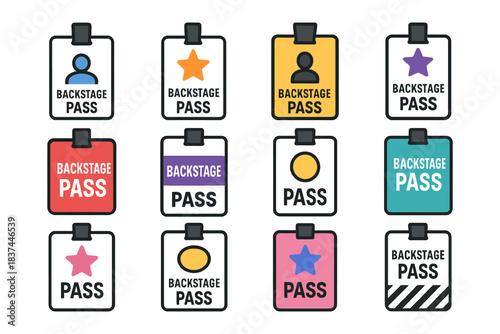 Colorful backstage pass badges with various icons and designs.