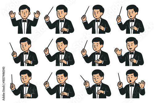 Young asian male conductor illustrations in various poses with baton.