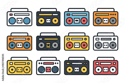 Colorful retro boombox icons with cassette decks and speakers.