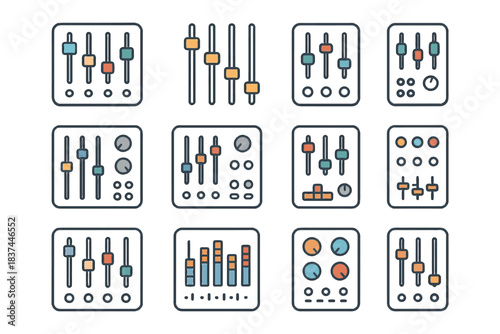 Audio mixer control panels with various slider and knob arrangements.