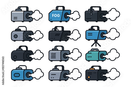 Colorful fog machines collection with smoke effect.