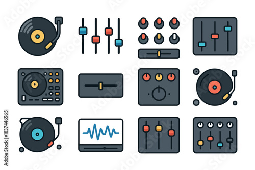 Vintage audio equipment icons: turntables, mixers, equalizers, sound waves.
