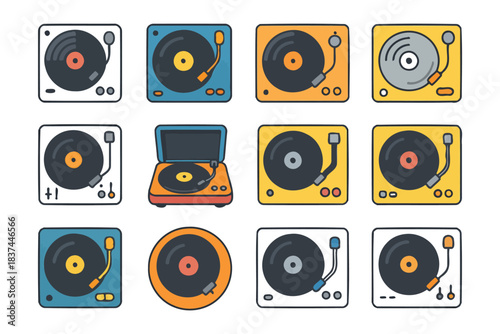 Colorful retro vinyl turntable collection with twelve unique designs.