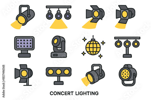 Concert lighting collection: spotlights, disco balls, stage projectors, theater fixtures.