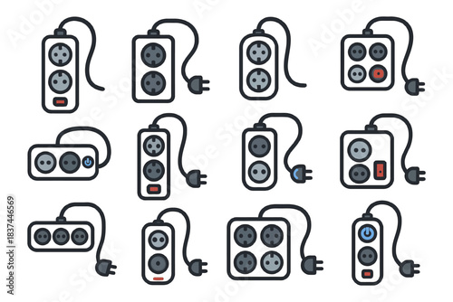 Collection of various electrical plug icons with outlets and switches.