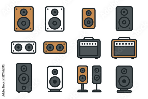Diverse set of speaker and amplifier icons in various styles and sizes.