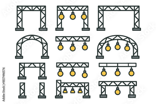 Industrial lighting and metal truss structures for events and exhibitions.