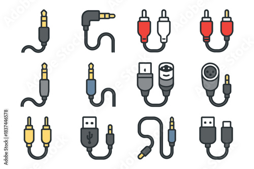 Set of various audio and usb cables in simple icon style.