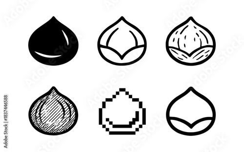 Diverse chestnut icons: flat, linear, pixel, and silhouette styles for modern design