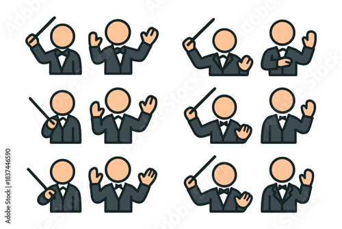 Cartoon conductor icons set in tuxedos with batons and various gestures.