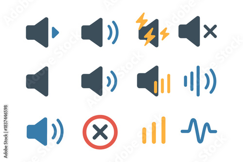 Audio volume icons: mute, low, high, sound waves, volume indicators.
