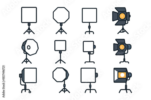 Set of studio lighting equipment icons featuring softboxes and spotlights.