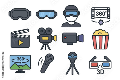 Virtual reality and filmmaking icons: headsets, cameras, and entertainment symbols.