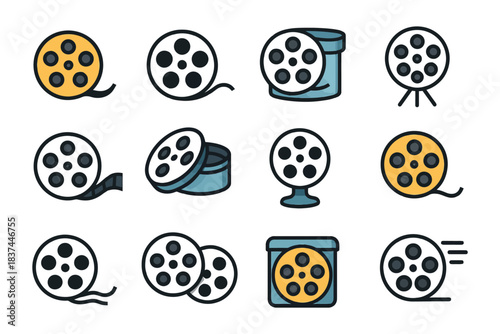 Collection of film reel icons in various styles and designs.