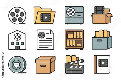 Vintage film and media storage icons set for archiving and organization.