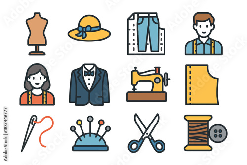 Fashion and tailoring icons set featuring tools and clothing items.