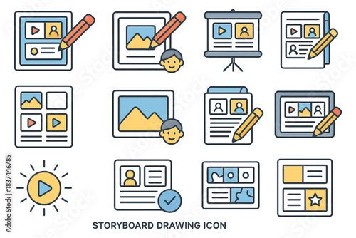 Storyboard drawing icons set with multimedia and people illustrations.