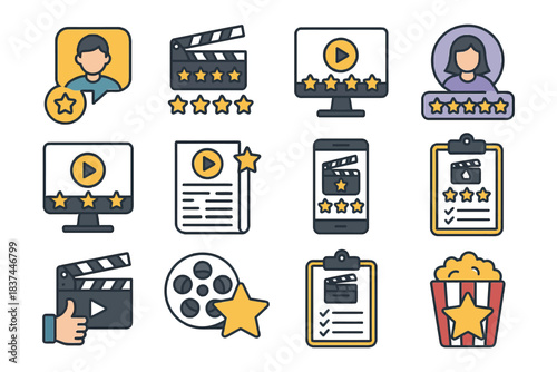 Set of movie and streaming icons including clapperboards and rating stars.