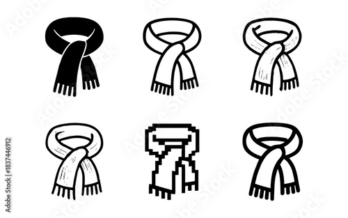 Set of six scarves in various art styles including pixel art and sketch