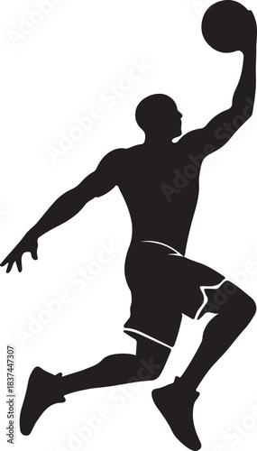 Dynamic basketball player silhouette in action, jumping for a slam dunk or shot, representing sport, energy, and athleticism.