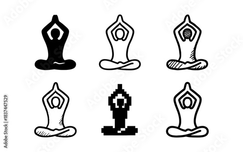 Diverse yoga pose icons: silhouette, outline, pixel art, hand drawn styles