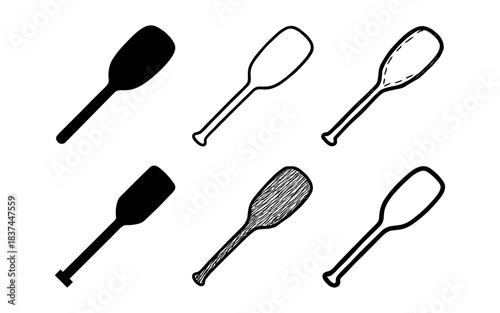 Collection of paddle designs in silhouette, sketch, and outline styles