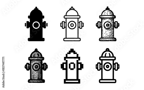 Black and white fire hydrant icon set in various line art styles