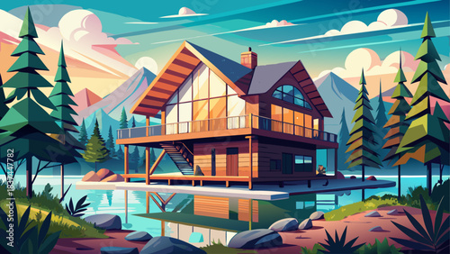 Very beautiful modern wooden house stands on stilts above tranquil lake waters, embraced by lush surrounding forest. A serene getaway blending natural beauty, peaceful reflections, and contemporary 