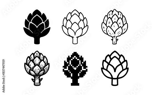 Creative artichoke designs in various styles including silhouette and pixel art