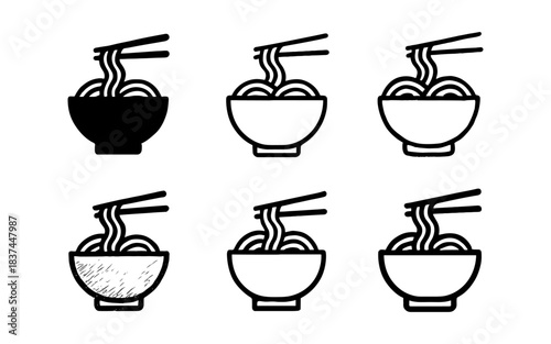 Diverse noodle bowl icons with chopsticks in various styles