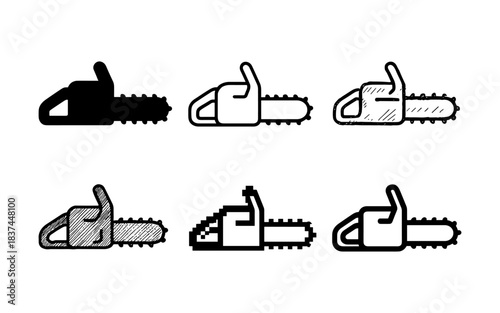 Set of chainsaw icons in various styles: silhouette, linear, and pixel art