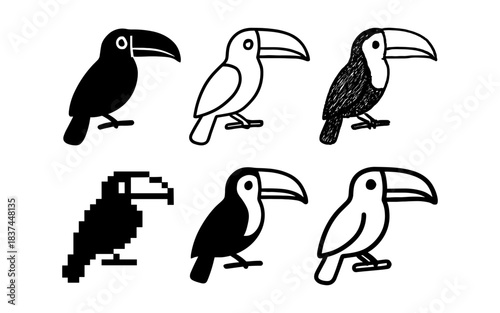Six unique toucan art styles: silhouette, linear, sketch, pixel, and outline variations