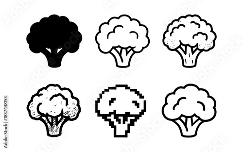 Diverse broccoli icons in various art styles
