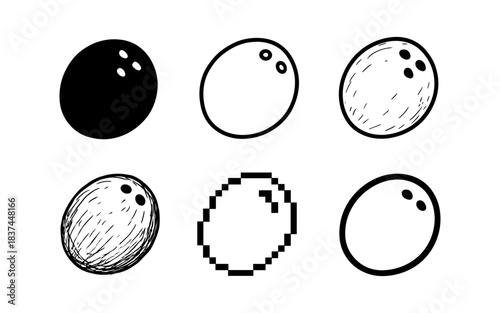 Bowling ball icons in various artistic styles: silhouette, outline, sketch, pixel, minimalist designs
