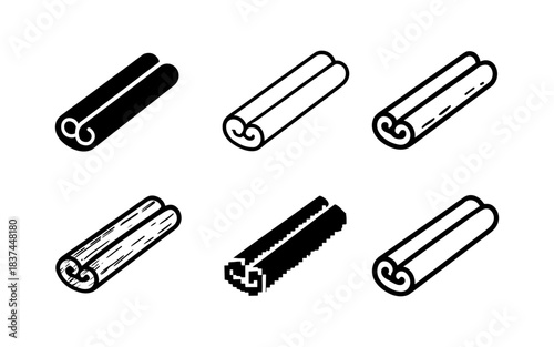 Set of cinnamon sticks in linear, pixel, and outline styles
