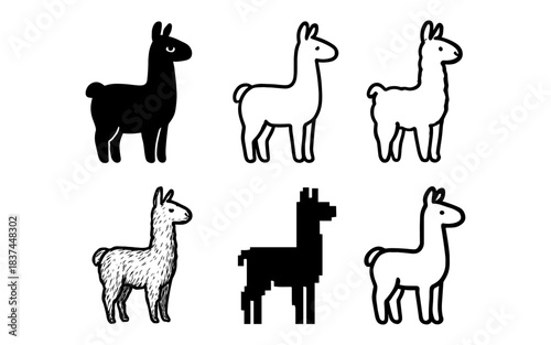 Set of llama designs: silhouette, outline, and pixel art styles