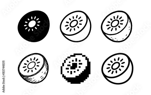 Diverse kiwi fruit icons: silhouette, etching, and pixel styles in black and white