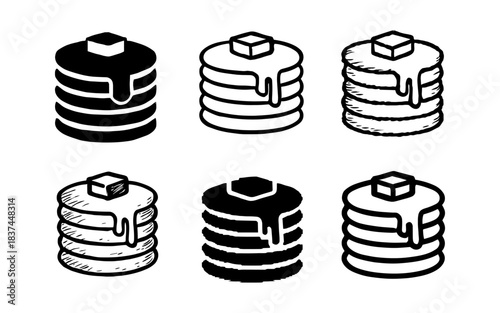 Breakfast delight: six pancake styles with butter and syrup in black and white