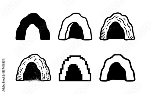 Collection of diverse cave icons in bold hand drawn style
