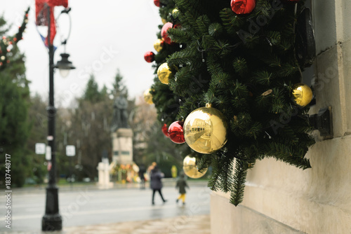 Festive Christmas Ornaments On Street Decorations In Craiova