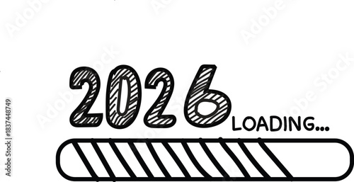 A hand-drawn illustration depicts the year 2026 with a loading bar indicating progress towards its arrival.